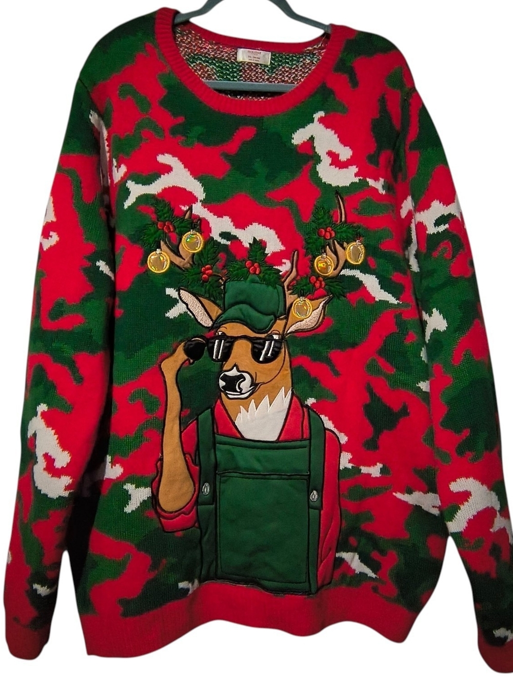 Holiday Time Mens 3XL Ugly Christmas Sweater Red Green Camo Reindeer Festive